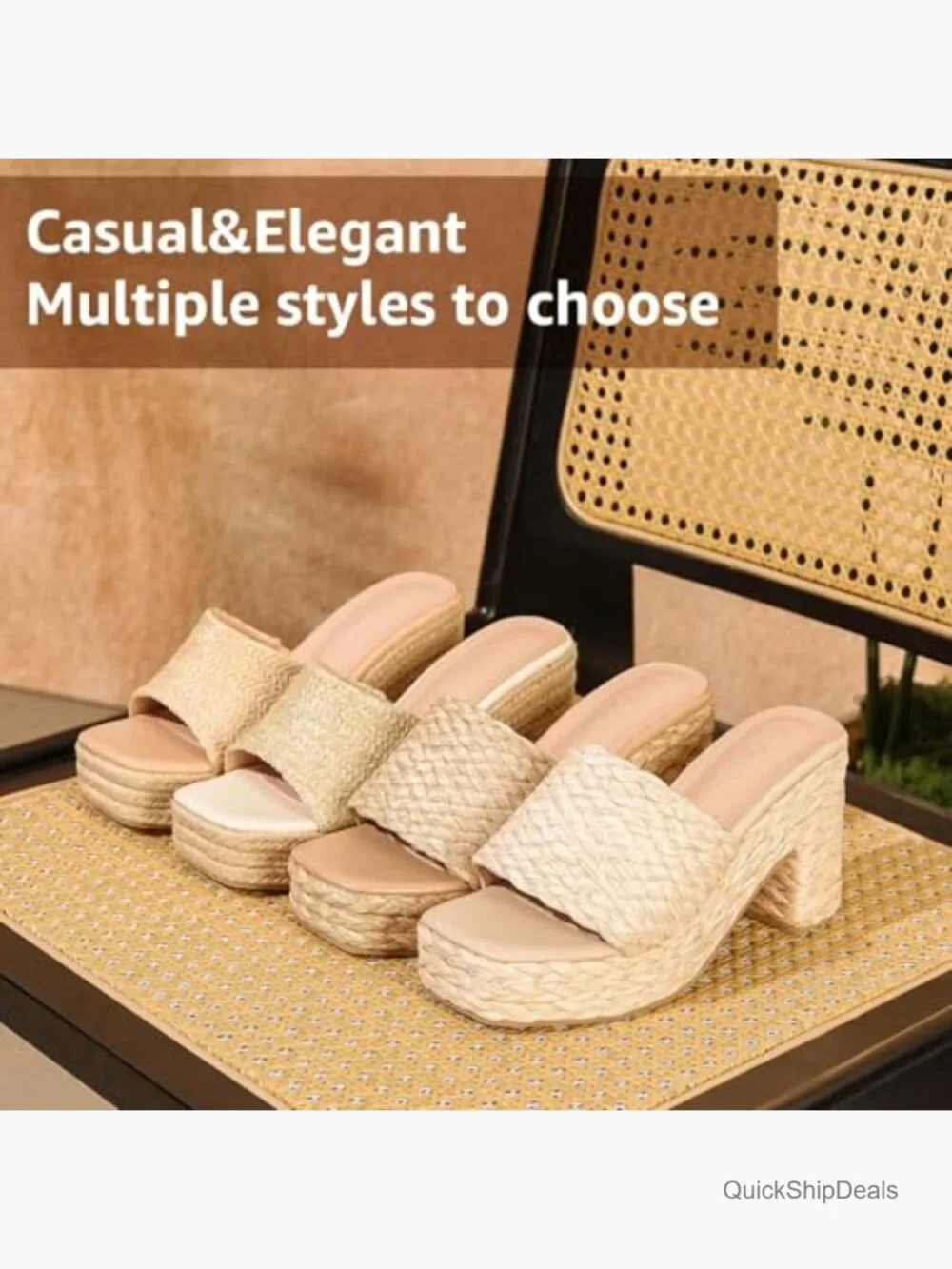 Raffia Espadrille Platform Sandals Block Heel Square Toe Woven Bohemia Summer
